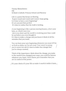 Timmy's poem was outstanding - a worthy Key Stage 2 winner.